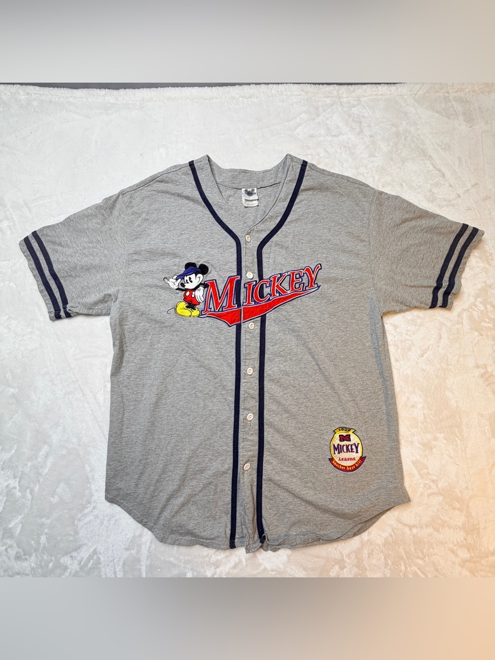 Vintage retro Mikey Mouse baseball jersey, grey, embroidered, collectible, XL